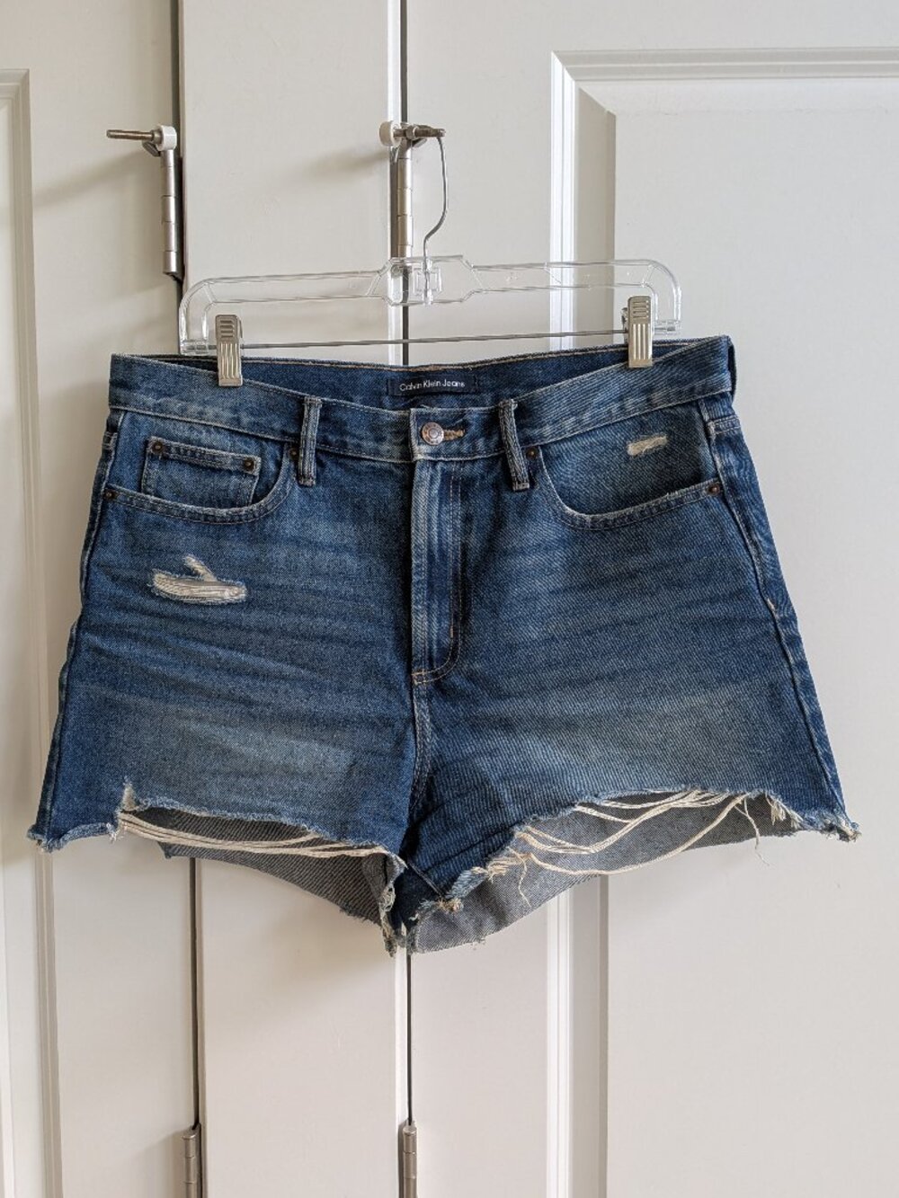 Calvin Klein High Rise Denim Shorts Womens 12 31 Blue Cutoff Raw Hem Fray Jeans